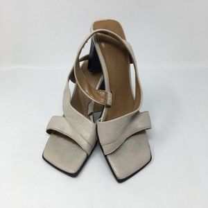 Nine West Women's White & Tan Leather Square Toe Block Heel Sandal Size US 6.5M